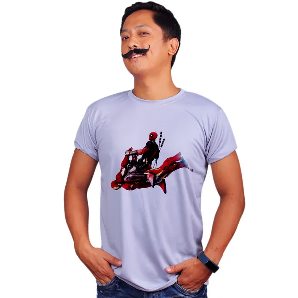 Grey_Deadpool_Flying_On_Iron_Man_160_GSM_Quick-Dri_T-Shirt_For_Men
