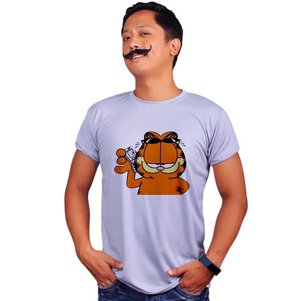 Grey_Garfield_On_The_Phone_Quick-Dri_T-Shirt_For_Men