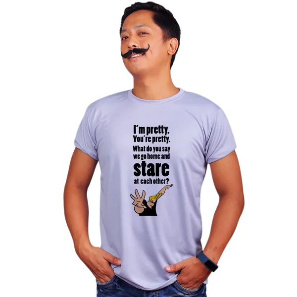 Grey_Johnny_Bravo_Pretty_Stare_Quotes_160_GSM_Quick-Dri_T-Shirt_For_Men