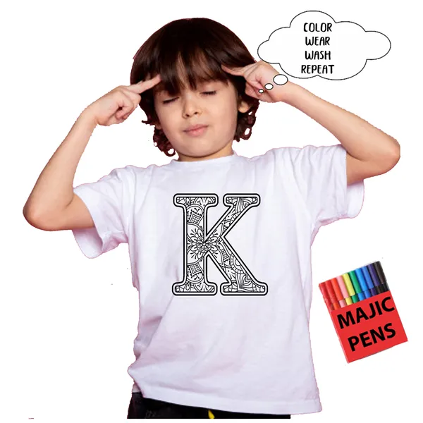White_Magic_K_Initial_Print_Quick-Dri_T-Shirt_For_Kids_With_Color_Pens