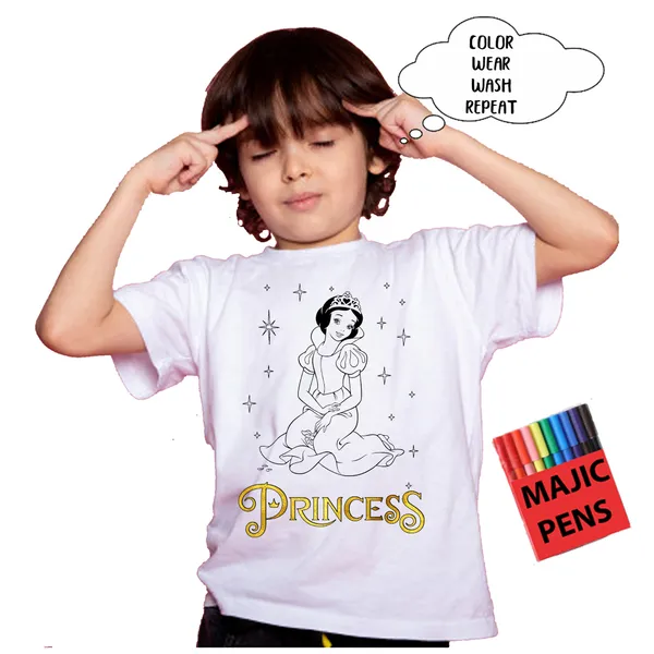 White_Magic_Princess_Golden_Print_Quick-Dri_T-Shirt_For_Kids_With_Color_Pens