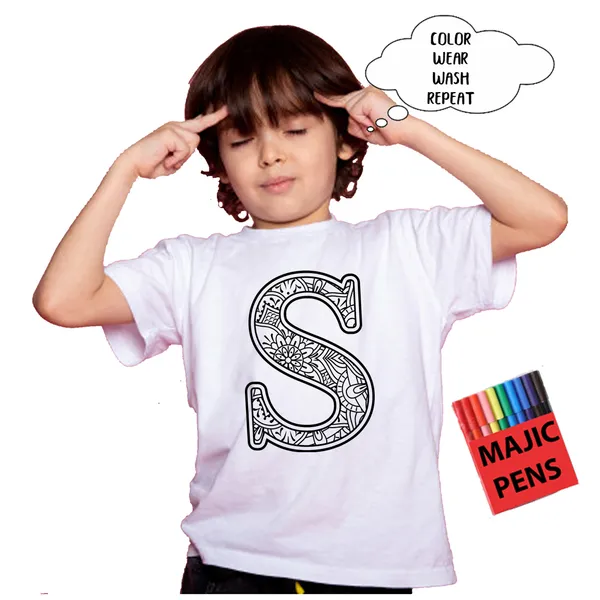 White_Magic_S_Initial_Print_Quick-Dri_T-Shirt_For_Kids_With_Color_Pens