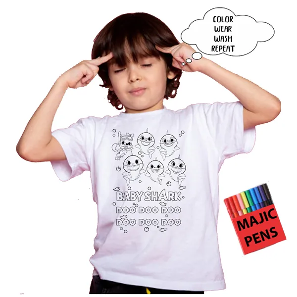 White_Magic_Baby_Shark_Doo_Doo_Print_Quick-Dri_T-Shirt_For_Kids_With_Color_Pens