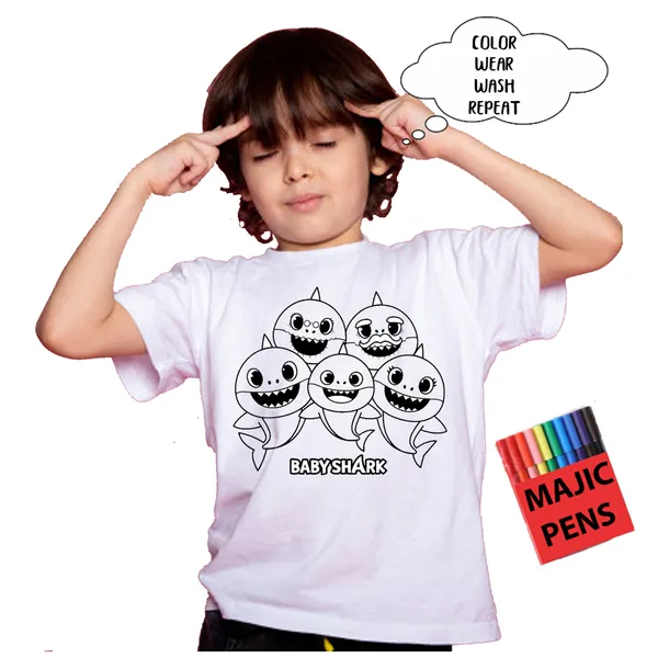 White_Magic_Baby_Shark_Family_Print_Quick-Dri_T-Shirt_For_Kids_With_Color_Pens