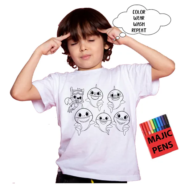 White_Magic_Baby_Shark_Print_Quick-Dri_T-Shirt_For_Kids_With_Color_Pens