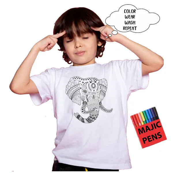 White_Magic_Elephant_Print_Quick-Dri_T-Shirt_For_Kids_With_Color_Pens