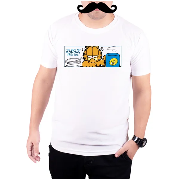 White_Garfield_Monday_Face_On_160_GSM_Quick-Dri_T-Shirt_For_Men