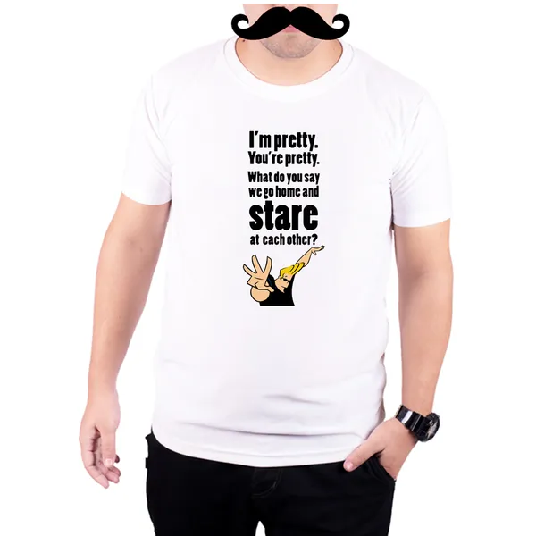 White_Johnny_Bravo_Pretty_Stare_Quotes_160_GSM_Quick-Dri_T-Shirt_For_Men