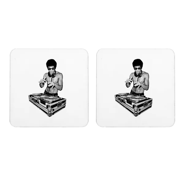 Multicolor_Bruce_Lee_Dj_Set_Of_2_Square_Wooden_Coaster