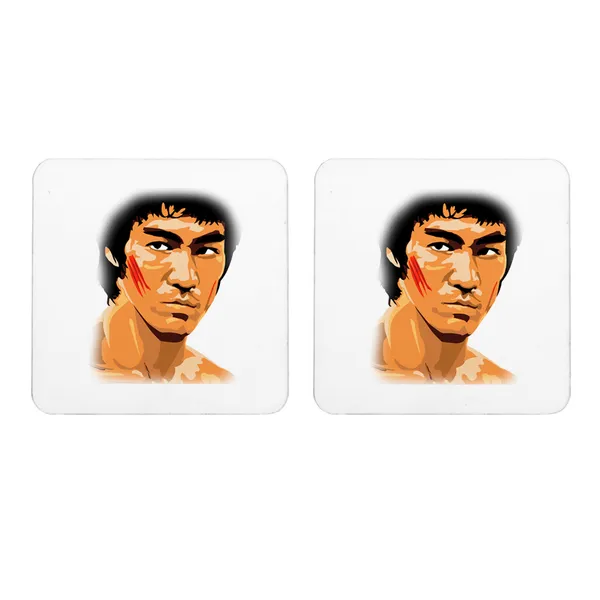Multicolor_Bruce_Lee_In_Action_Set_Of_2_Square_Wooden_Coaster