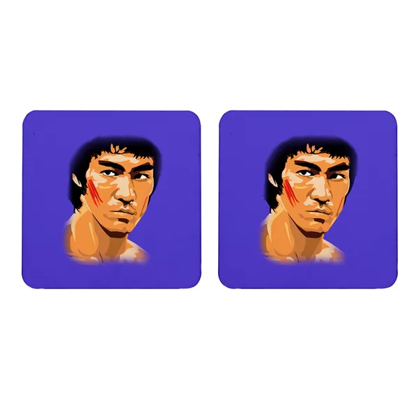 Multicolor_Bruce_Lee_In_Action_Blue_Baground_Set_Of_2_Square_Wooden_Coaster