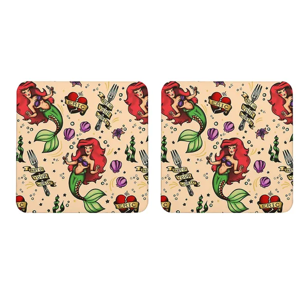 Multicolor_Ariel_Mermaid_Part_Of_Your_World_Art_Set_Of_2_Square_Wooden_Coaster