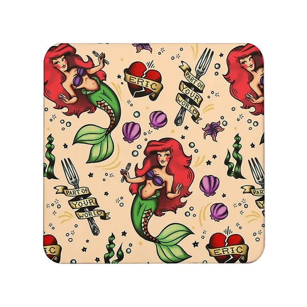 Multicolor_Ariel_Mermaid_Part_Of_Your_World_Art_Set_Of_2_Square_Wooden_Coaster