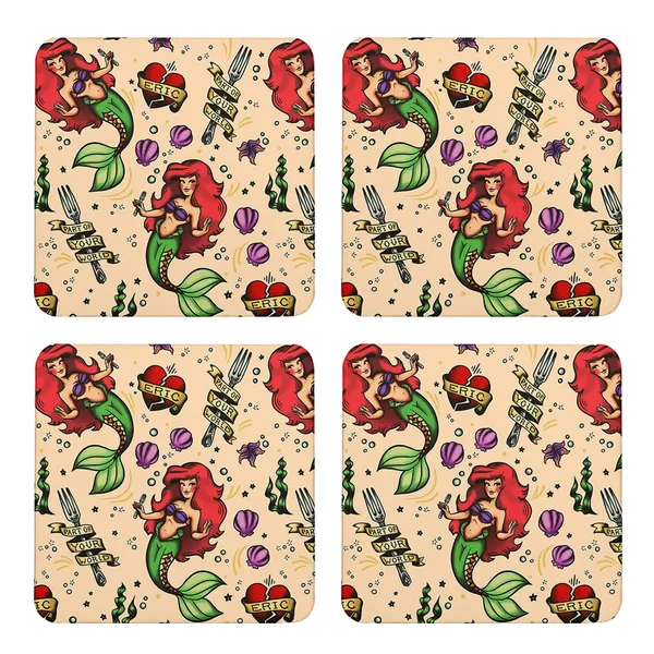 Multicolor_Ariel_Mermaid_Part_Of_Your_World_Art_Set_Of_2_Square_Wooden_Coaster