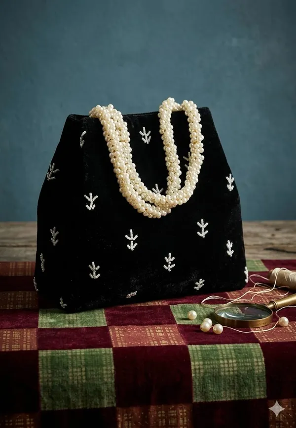 Handwrok_Embroider_designer_vintage-inspired_handbag_featuring_striking_contrast_and_intricate_detailing