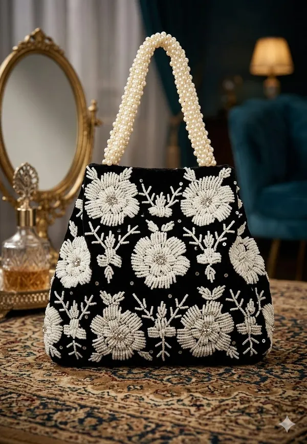 Handwrok_Embroider_designer_vintage-inspired_handbag_featuring_striking_contrast_and_intricate_detailing