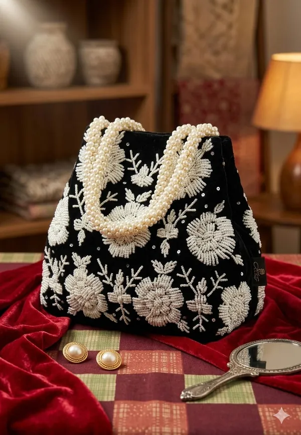 Handwrok_Embroider_designer_vintage-inspired_handbag_featuring_striking_contrast_and_intricate_detailing