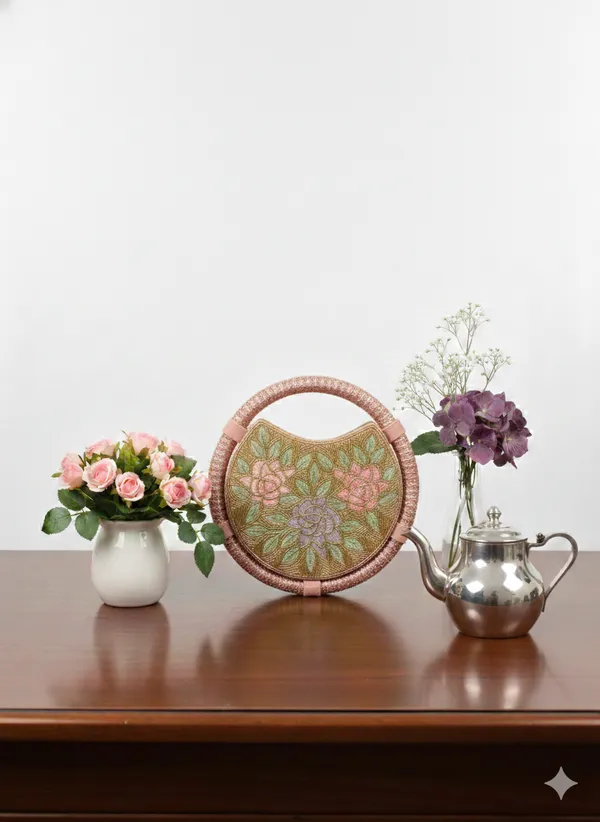 Round_Floral_Embroidered_Clutch,_Beaded_Lace_Trim_For_Women