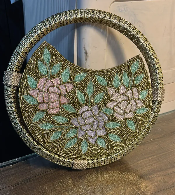 Round_Floral_Embroidered_Clutch,_Beaded_Lace_Trim_For_Women