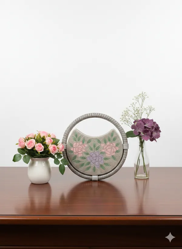Round_Floral_Embroidered_Clutch,_Beaded_Lace_Trim_For_Women