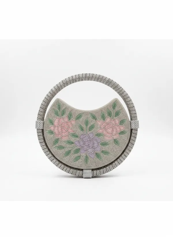 Round_Floral_Embroidered_Clutch,_Beaded_Lace_Trim_For_Women