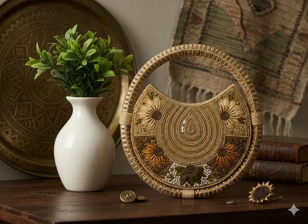 Round_Floral_Embroidered_Clutch,_Beaded_Lace_Trim_For_Women