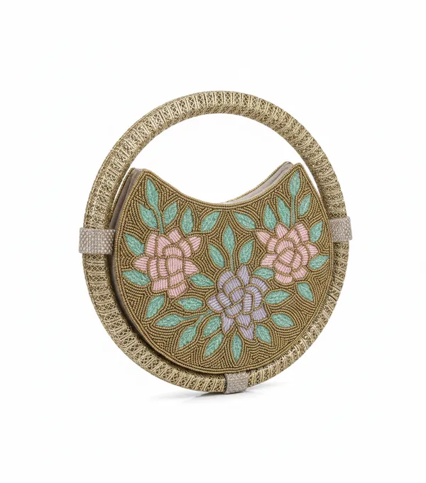 Round_Floral_Embroidered_Clutch,_Beaded_Lace_Trim_For_Women