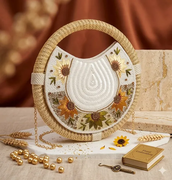 Round_Floral_Embroidered_Clutch,_Beaded_Lace_Trim_For_Women