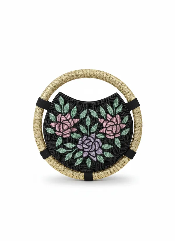 Round_Floral_Embroidered_Clutch,_Beaded_Lace_Trim_For_Women
