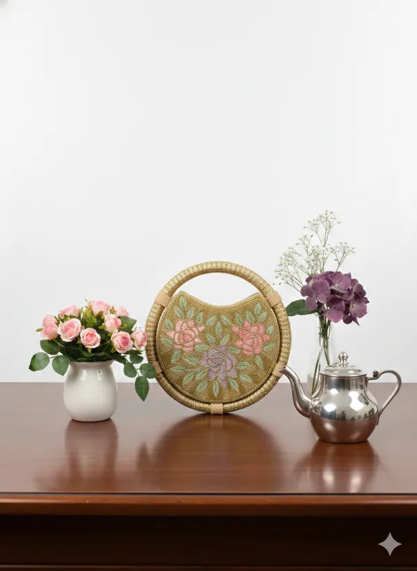 Round_Floral_Embroidered_Clutch,_Beaded_Lace_Trim_For_Women