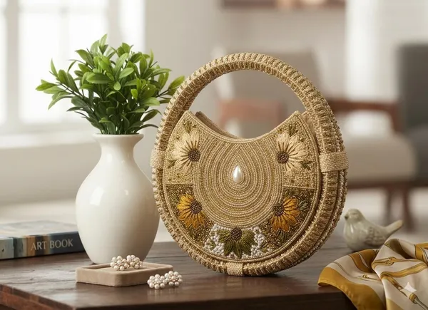 Round_Floral_Embroidered_Clutch,_Beaded_Lace_Trim_For_Women