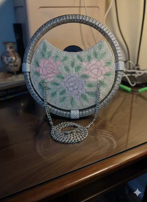 Round_Floral_Embroidered_Clutch,_Beaded_Lace_Trim_For_Women
