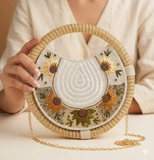 Round_Floral_Embroidered_Clutch,_Beaded_Lace_Trim_For_Women