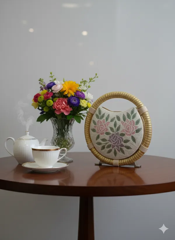 Round_Floral_Embroidered_Clutch,_Beaded_Lace_Trim_For_Women