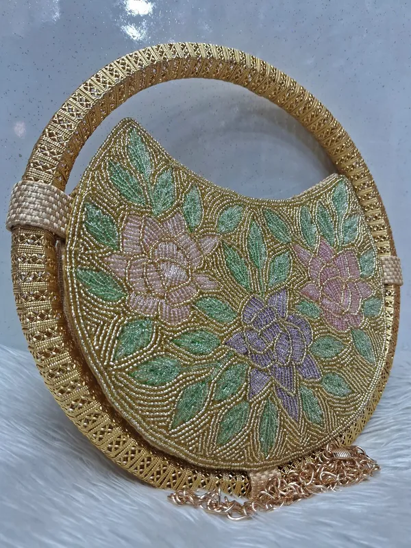 Round_Floral_Embroidered_Clutch,_Beaded_Lace_Trim_For_Women