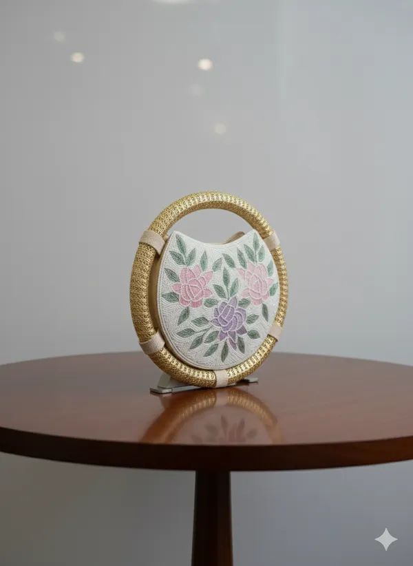 Round_Floral_Embroidered_Clutch,_Beaded_Lace_Trim_For_Women