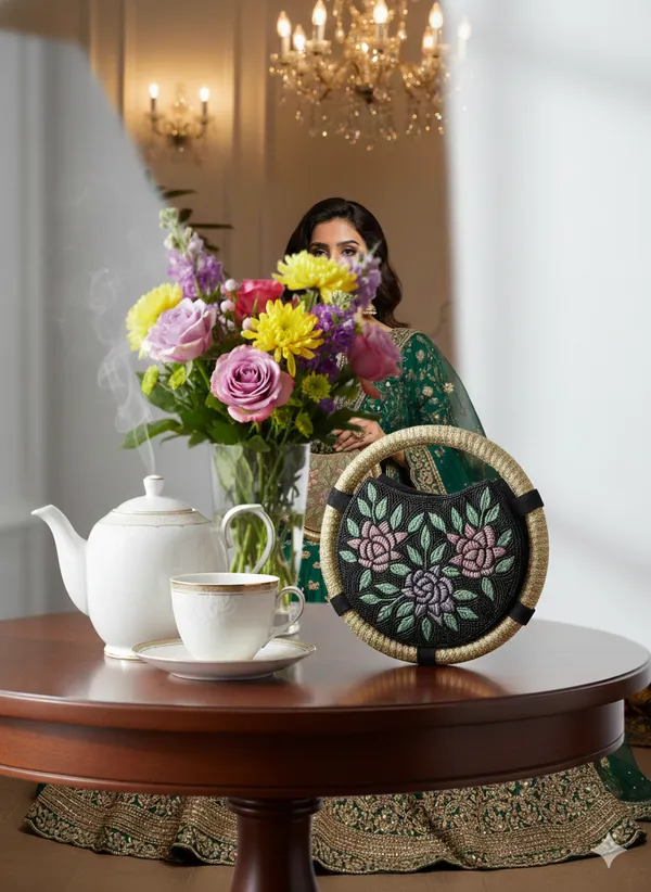 Round_Floral_Embroidered_Clutch,_Beaded_Lace_Trim_For_Women