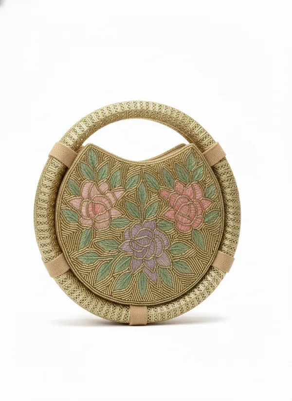 Round_Floral_Embroidered_Clutch,_Beaded_Lace_Trim_For_Women