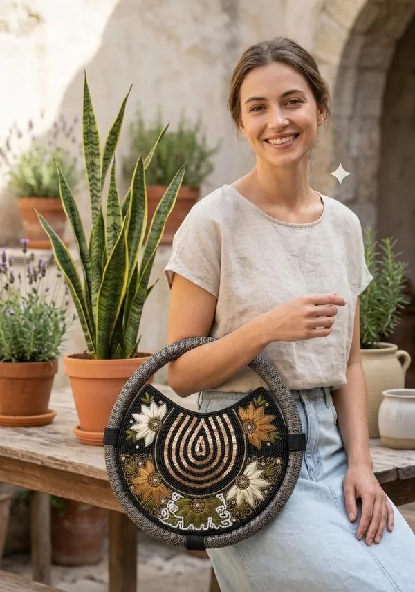 Round_Floral_Embroidered_Clutch,_Beaded_Lace_Trim_For_Women