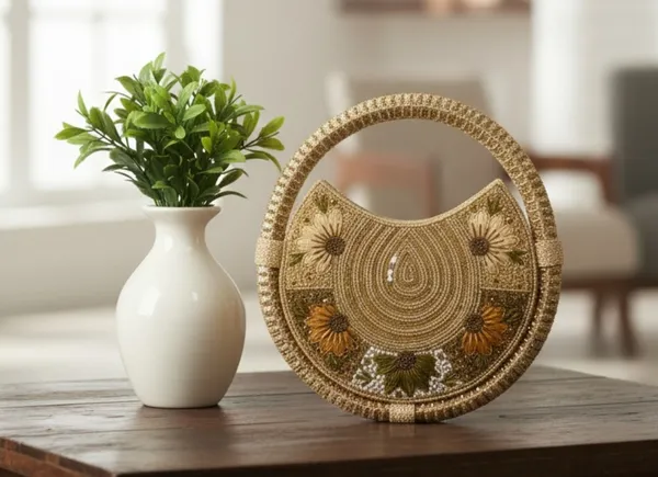 Round_Floral_Embroidered_Clutch,_Beaded_Lace_Trim_For_Women