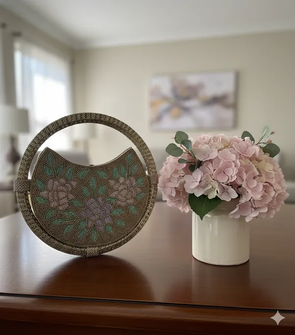 Round_Floral_Embroidered_Clutch,_Beaded_Lace_Trim_For_Women