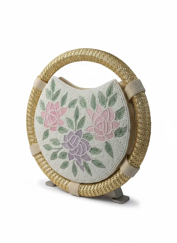 Round_Floral_Embroidered_Clutch,_Beaded_Lace_Trim_For_Women
