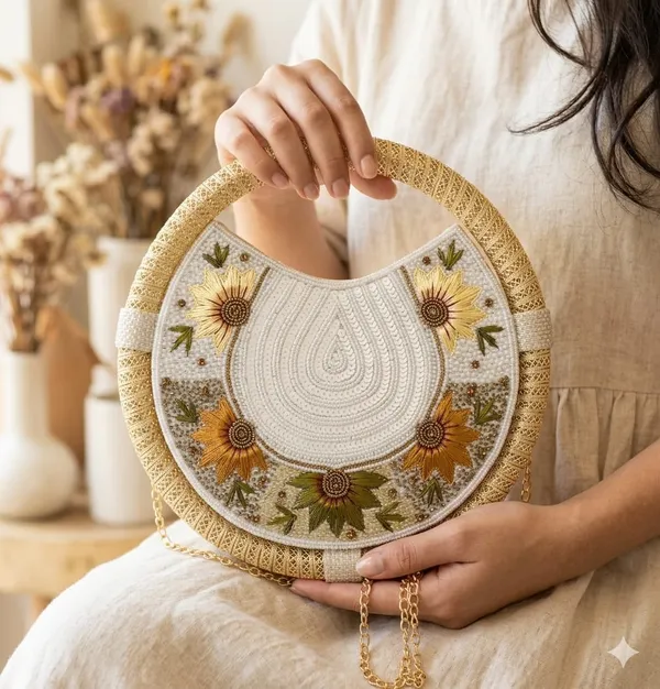 Round_Floral_Embroidered_Clutch,_Beaded_Lace_Trim_For_Women