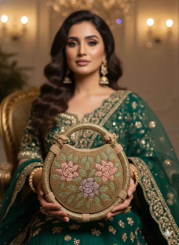Round_Floral_Embroidered_Clutch,_Beaded_Lace_Trim_For_Women