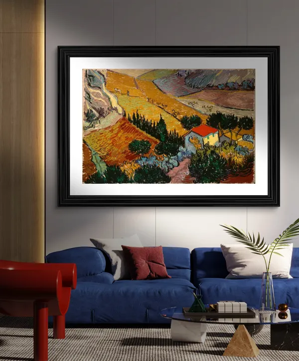 Landscape_with_House_and_Ploughman_1889,_A_Painting_by_Van_Gogh,_Framed,_Wall_Decor,_Multicolor