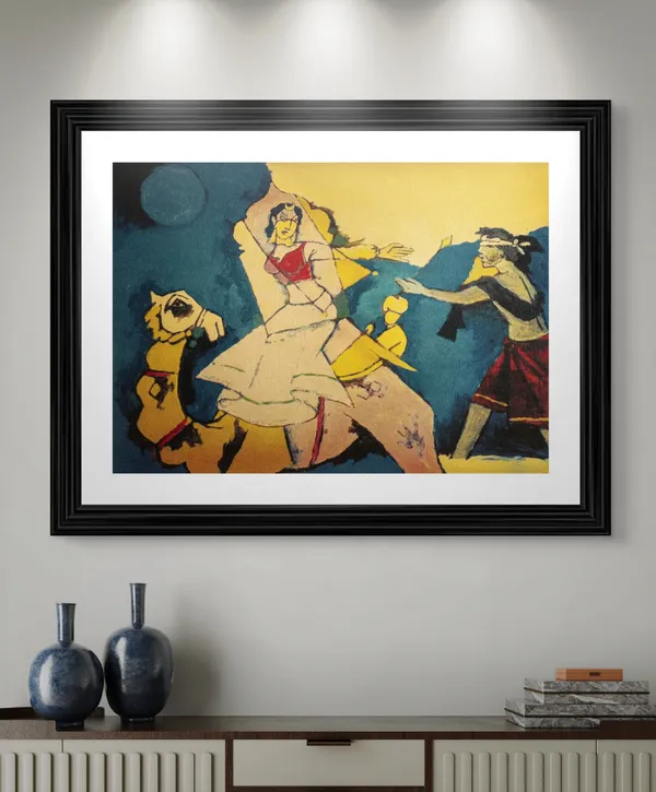 Radha-Krishna*_&_*Laila-Majnu_and_Camel*-Set_of_2_Paintings_by_M.F._Husain,_Framed,_Wall_Decor,_Multicolor