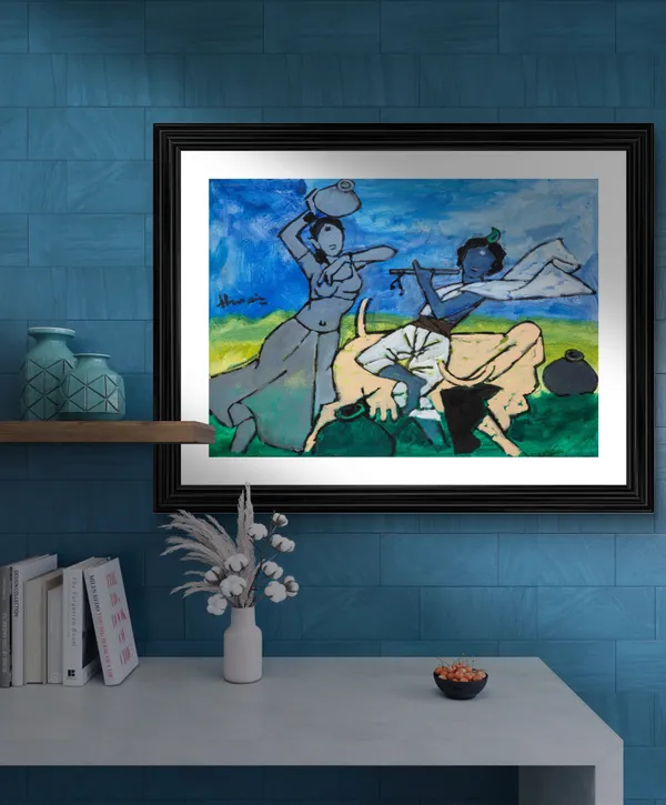 Radha-Krishna*_&_*Laila-Majnu_and_Camel*-Set_of_2_Paintings_by_M.F._Husain,_Framed,_Wall_Decor,_Multicolor