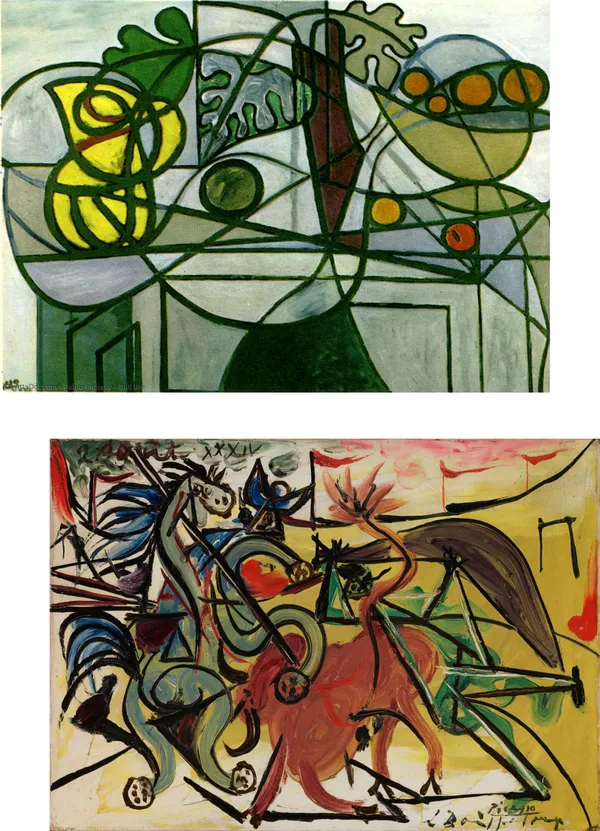 Still_Life_Replica_&_Bullfight,_Paintings_by_Pablo_Picasso,_Framed_Canvas,_Set_of_2,_Multicolor