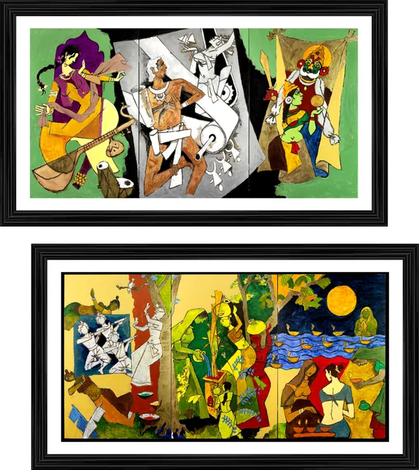 Culture*_&_*Festivals*-_India_Series_Paintings_by_M.F._Husain,_Set_of_2,_Framed,_Wall_Decor,_Multicolor
