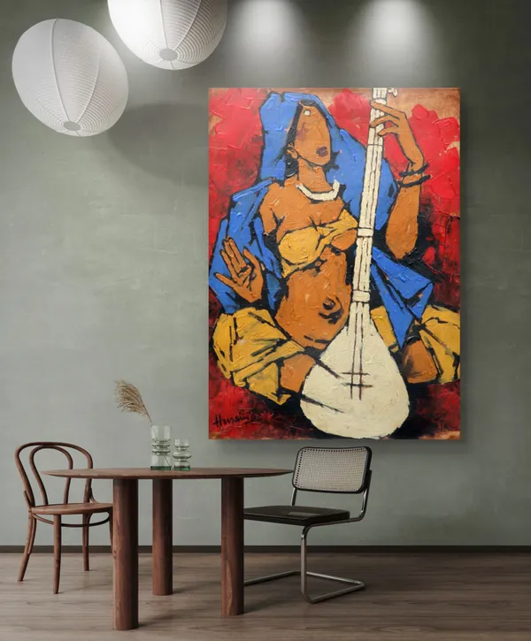 Lady_with_Sitar*_&_*Lady_with_Veena*-Set_of_2_Paintings_by_M.F._Husain,_Framed_Canvas,_Wall_Decor,_Multicolor